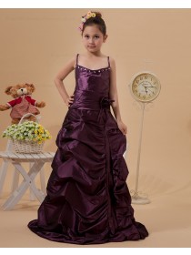 Floor length Hand Made Flower Grape Sleeveless Spaghetti Straps A line Zipper Taffeta Flower Girl Dress