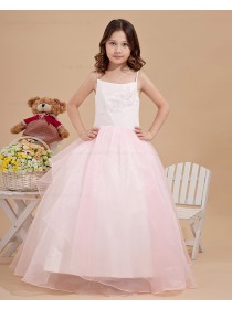 White/Pink Zipper Sleeveless Spaghetti Straps Ball Gown Floor length Taffeta/Organza Applique/Beading Flower Girl Dress