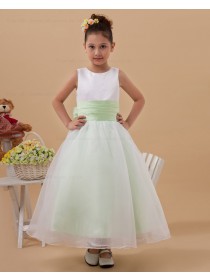 Bow White/Green A line Floor length Scoop Sleeveless Taffeta/Organza Zipper Flower Girl Dress