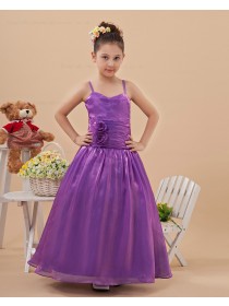 Taffeta Purple Ruffles/Beading/Hand Made Flower Zipper A line Floor length Sleeveless Spaghetti Straps Flower Girl Dress