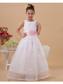 Hand Made Flower/ Ball Gown Zipper White/Pink Belt Scoop Floor length Sleeveless Taffeta/Organza Flower Girl Dress