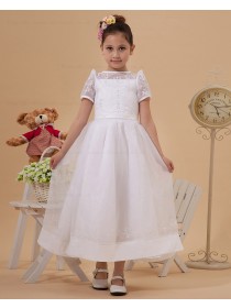 Ankle Length Zipper Sleeve Short Embroidery/Bow/Belt A line Ivory Scoop Taffeta/Satin Flower Girl Dress