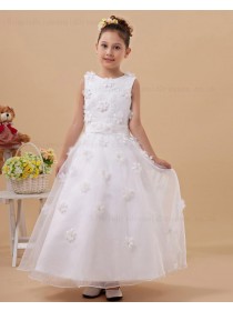 Zipper Satin/Tulle Scoop A line White Sleeveless Belt/Hand Made Flower Floor length Flower Girl Dress