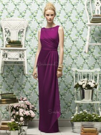 Natural Chiffon Floor-length Purple Zipper-Back Scoop Sleeveless Sash-Ruched-Ruffles Column-Sheath Bridesmaid Dress