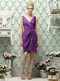 Zipper-Back Purple V-neck Ruched-Ruffles Column-Sheath Natural Satin Sleeveless Short-length Bridesmaid Dress