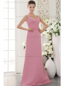 Chiffon Sheath Sleeveless V-neck Natural Zipper Pink Beading/Ruffles Sweep Bridesmaid Dress