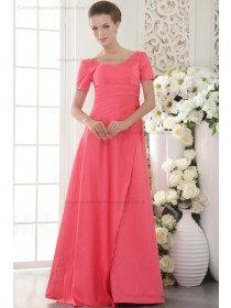 V-neck Satin Zipper Watermelon Short-Sleeve Sweep A-line Natural Beading/Side-Draped Bridesmaid Dress