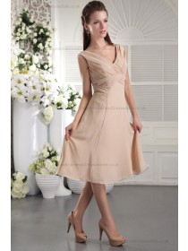 Sheath Natural Chiffon/Elastic-Silk-like-Satin Zipper Pearl-Pink Ruffles V-neck Sleeveless Short-length Bridesmaid Dress