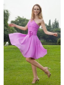Ruched/Bow Natural Chiffon A-line Sleeveless Zipper One-Shoulder Lilac Knee-Length Bridesmaid Dress