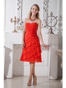 Flowers/Ruched Sweetheart Sleeveless Zipper Chiffon Sheath Natural Red Knee-length Bridesmaid Dress