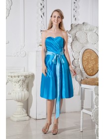 Elastic-Woven-Satin Sleeveless Knee-length A-line Zipper Natural Belt/Ruched Strapless/Sweetheart Blue Bridesmaid Dress