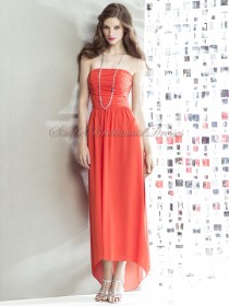 Tea-length amethyst Sleeveless Zipper Strapless Orange Ruched Column/Sheath Natural Chiffon Bridesmaid Dress