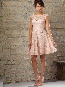 Pink A-line Sweetheart Short-length Lace Natural Bridesmaid Dress