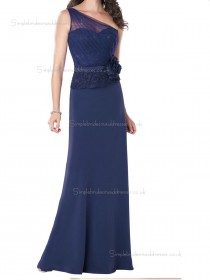 Dark Navy Floor-length Natural One Shoulder Chiffon Column / Sheath Bridesmaid Dress