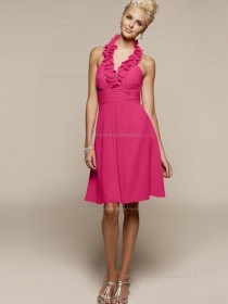 Red Knee-length V-neck Chiffon A-line Empire Bridesmaid Dress