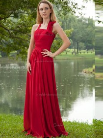 Red Halter A-line Empire Floor-length Chiffon Bridesmaid Dress