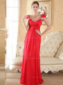 Red Bateau Empire Chiffon Column / Sheath Floor-length Bridesmaid Dress