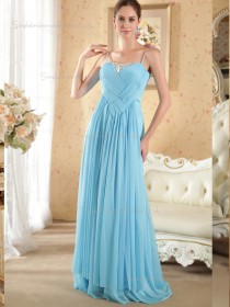 Sky Blue Floor-length Spaghetti Straps A-line Empire Chiffon Bridesmaid Dress