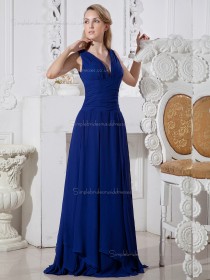 Royal Blue Floor-length V-neck Chiffon Empire A-line Bridesmaid Dress