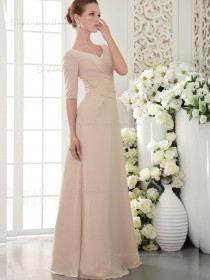 Pearl Pink V-neck Natural A-line Chiffon Floor-length Bridesmaid Dress