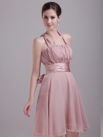 Pink A-line Chiffon Short-length Empire Halter Bridesmaid Dress