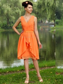 Orange V-neck Chiffon Natural A-line Knee-length Bridesmaid Dress