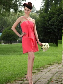 Watermelon Chiffon Spaghetti Straps Short-length Empire Column / Sheath Bridesmaid Dress