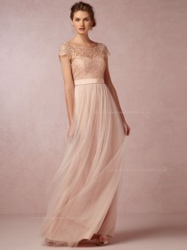 Elegant A-line Bateau Pearl Pink Cap Sleeve Bridesmaid Dresses