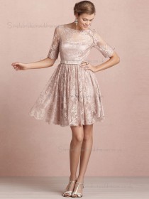 Vintage Belt Lace Champagne Short-length Bridesmaid Dresses