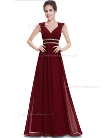 Online Best Burgundy Chiffon V-neck A-line Floor-length Beading Sash Empire Bridesmaid Dress