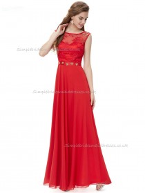 Vintage Red A-line Chiffon Lace , Beading Floor-length Bateau Bridesmaid Dress