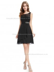 Girls Black A-line Chiffon Lace , Beading Knee-length Bateau Bridesmaid Dress