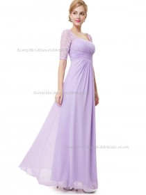 UK Lilac A-line Chiffon Lace Floor-length Bateau Bridesmaid Dress