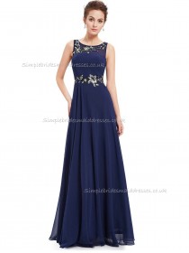 Fitted Celebrity Dark Navy A-line Chiffon Applique Floor-length Bateau Bridesmaid Dress