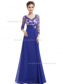 Budget Girls Royal Blue A-line Chiffon Lace Floor-length Bateau Bridesmaid Dress