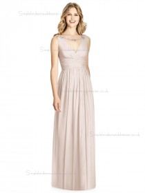 Elegant Celebrity Floor-length Pearl Pink Lux Chiffon Draped V-neck A-line Bridesmaid Dress