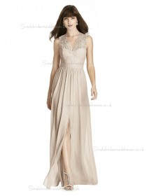 Budget Romantica A-line Lace Lux Chiffon V-neck Pearl Pink floor-length Bridesmaid Dress