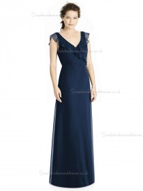 Elegant Amazing A-line Tiered Dark Navy Chiffon V-neck Floor-length Bridesmaid Dress