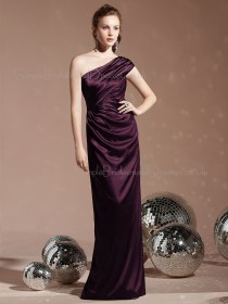 Charmeuse One Shoulder Sheath Floor-length Sleeveless Natural Purple Backless Bridesmaid Dress