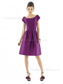 Peau De Soie Bateau A-line Knee-length Short Sleeve Natural Purple Zipper Bridesmaid Dress