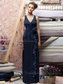 V-neck Chiffon Dark-Navy Floor-length Zipper Bridesmaid Dress