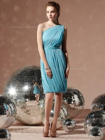 Light-Sky-Blue Natural Sleeveless Draped/Ruffles/Sash Sheath Bridesmaid Dress