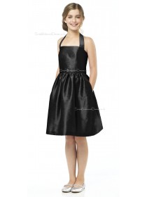 Halter A-line Satin Black Knee-length Junior Bridesmaid Dresses