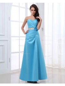 Satin Sweetheart Zipper Floor-length Blue A-line Sleeveless Ruffles/Flowers/Sash Natural Bridesmaid Dress