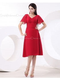 Zipper Red Empire A-line Floor-length Ruffles V-neck Chiffon Sleeveless Bridesmaid Dress
