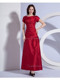 Zipper Brugundy Short-Sleeve Bateau A-line Ankle-length Ruffles Natural Taffeta Bridesmaid Dress