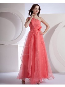 Organza Zipper Natural Floor-length A-line Tiered/Flowers Sleeveless One-Shoulder Watermelon Bridesmaid Dress