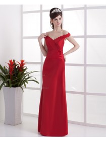 Natural V-neck Ruffles Lace Sleeveless Taffeta Red Sheath Up Floor-length Bridesmaid Dress