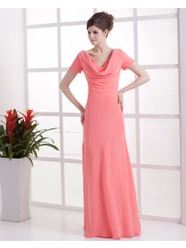 Short-Sleeve Zipper Natural Watermelon Ruffles Sheath Chiffon Floor-length V-neck Bridesmaid Dress