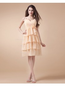 Spaghetti-Straps Natural Chiffon Sleeveless Zipper Daffodil A-line Ruffles/Tiered/Flowers Knee-length Bridesmaid Dress